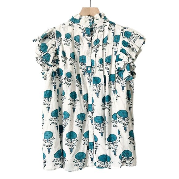 Victoria Dunn Ruffle Jasmine Blouse in Capri Blue 100% Cotton Size Small - Picture 2 of 4